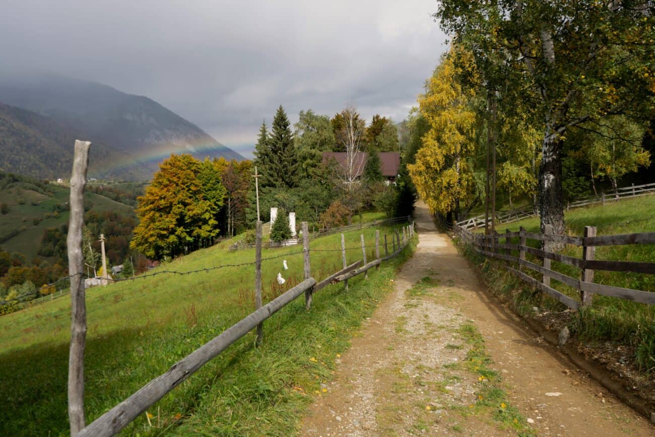 Beautiful autumn countryside with a rainbow, dirt road, and vibrant foliage in Moieciu de Sus, Romania.
